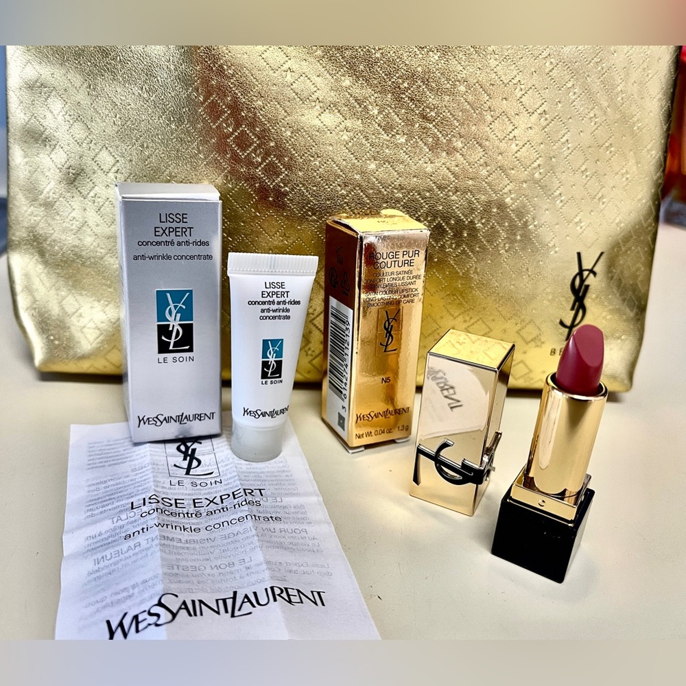 New YSL Beauty 3Pc Gold Cosmetic Bag/Lipstick N4 mini/Anti-aging Concentrate